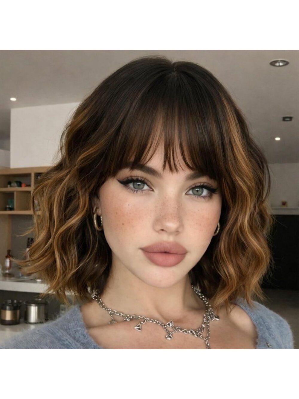 Short Wavy Bob Wig with Bangs - Ombre Brown & Chestnut Highlights, 12" Heat